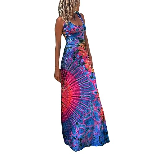 Adoeren Women Y2k Tie Dye Long Dress Sexy Sleeveless Open Back Colorful Maxi Dress Floral Printed Beach Party Sundress