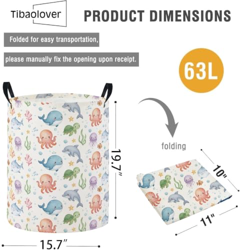Image of Baby Laundry Basket Baby Nursery Hamper Kids Laundry Basket Toy Storage Bin for Boys Room Decor Gift Baskets for Bedroom Bathroom(Cute Ocean)