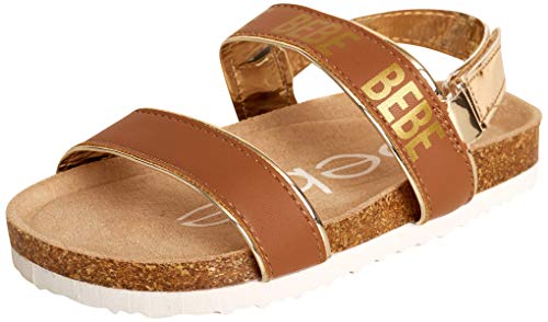 bebe Girls’ Sandals – Open Toe Cork Footbed with Buckle Clasp Heel Strap (Toddler Little Kid Big Kid), Size 13 Little Kid, Cognac