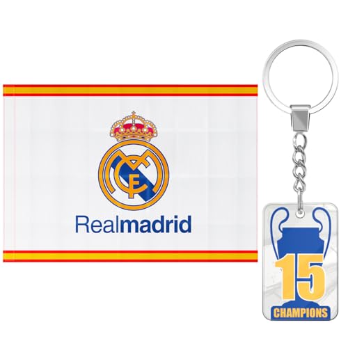 Bandera oficial del Real Madrid Club de Fútbol + Llavero 15 Champios | 150 x 100 cm - Escudo del Real Madrid y borde con colores de España | Producto Oficial