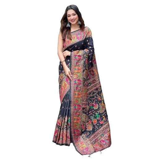 Pandadi Saree Women's Black Pashmina Kashmiri Silk Saree With Unstitched Blouse Piece