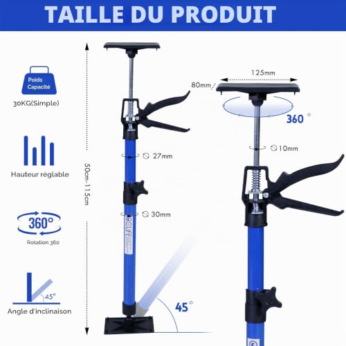 CCLIFE Set de 2 Etai de Soutien Télescopique Étai pour Plafond Extensible de 50 à 115 cm Charge Max 30 kg Étai de Porte Support Télescopique pour Plafond Montage Plaques de Plâtre – vue 6