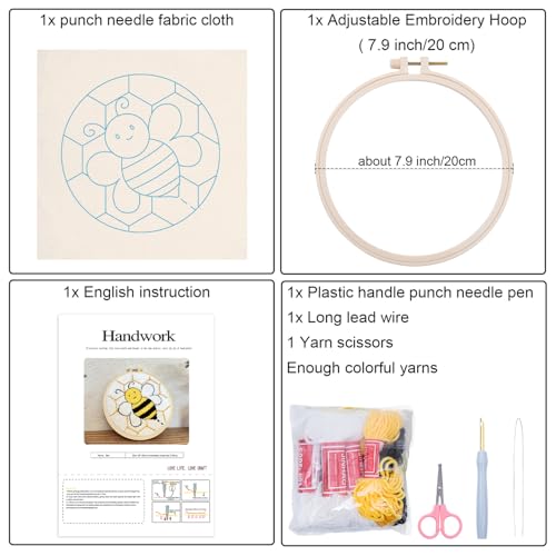 Image of Louise Maelys Beginners Punch Needle kit,for Starter Adults,Rug Tool,Cross Stitch Kits Including Handle Embroidery Pen,Cloth,Hoop,Threads and Instruction-Bee Pattern