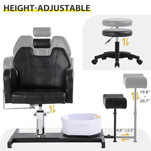 KIGOTY Hydraulic Pedicure Chair, 360 Degree Rotation Reclining Pedicure Station, Height Adjustable Pedicure Station No Plumbing, with Foot Basin and Stool (Black)