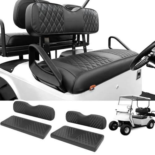 SugarFox 4PCS Golf Cart Seat Covers - Staple-Free Easy Install for EZGO TXT 1994-2013/RXV Front & Rear PU Leather Cushions All Black