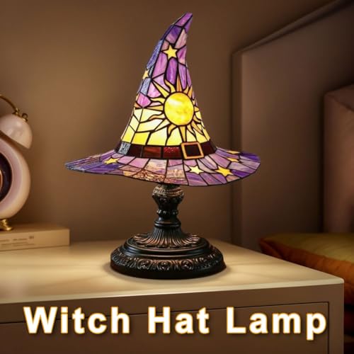 Image of Witch Hat Lamps, Handcrafted Stained Glass Resin Wizard Hat Light Gothic Table Lamp for Halloween Decor, Spooky Night Light for Bedroom and Indoor Parties, Unique Wiccan Gift