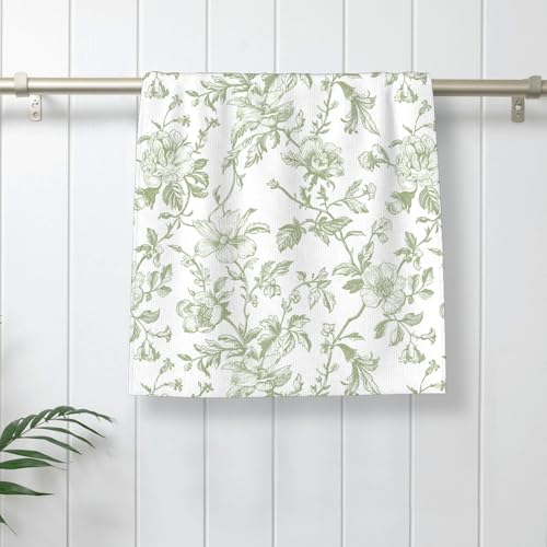 Image of Sage Green Floral Kitchen Towels Light Green Flower Chinoiserie Dish Towels, 16x24 Inch Seasonal Spring Summer Toile Decoration Absorbent Hand Towels for Home Kitchen Dinner Drying Set of 2