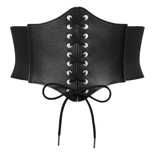 Women Elastic Wide Corset Waist Belt Vintage Lace-up Tied Waspie Corset Belts for Halloween Renaissance Punk Costume