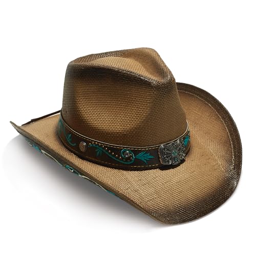 Image of YOUBADU Western Straw Cowboy and Cowgirl Hats with Decorative Bands - Unisex Wide Brim Raffia Style Sun Hat