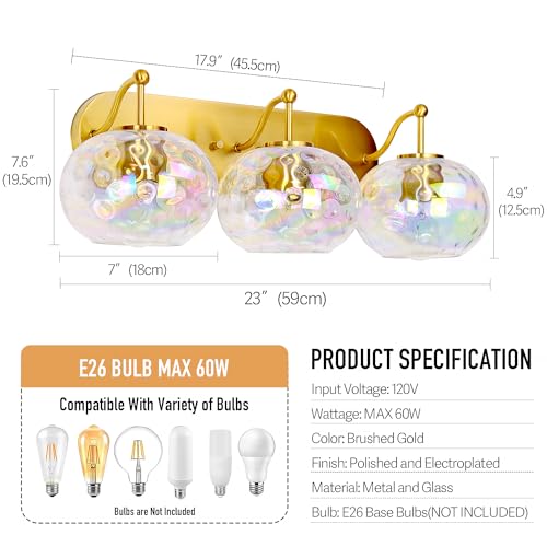 Image of 23 inch Brushed Gold Vanity Light Stained Hammered Glass Wall Sconce 3-Light Brass Wall Lamp for Hallway Living Room Stairwell Bathroom Over Mirror (Brass Gold, 3-Light)