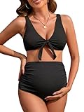 FEOYA Femmes Maternité Maillot de Bain Deux Pièces Fashion Hawaïen Bikini Lacets Taille Haute Beachwear Photographique XS