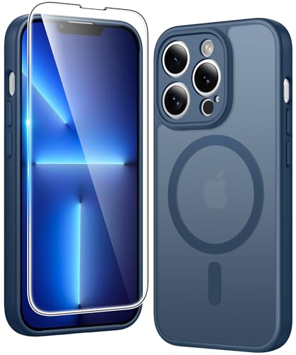 Image of FNTCASE for iPhone 13 Pro Case: Matte Magnetic Phone Cases with Screen Protector Compatible with Magsafe Slim Anti Yellowing Rugged Shockproof Protective Translucent Cell Phone Cover (C-Blue)