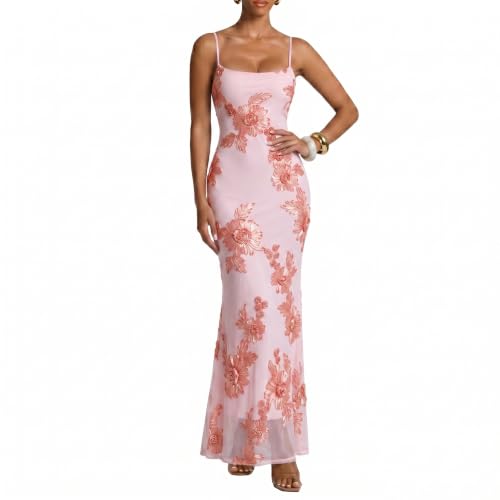 Curvphilo Women's 3D Embroidery Satin Floral Mesh Bodycon Maxi Dress