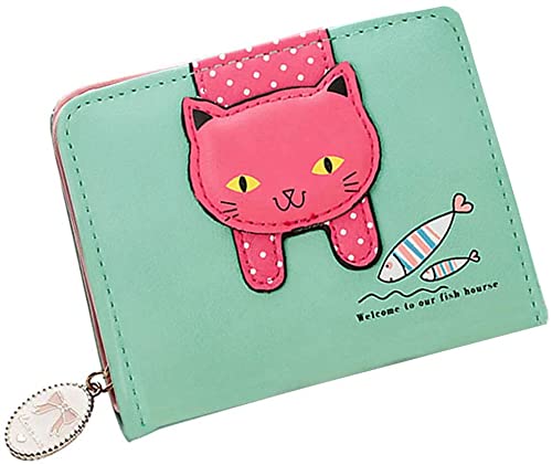 Bymivofun Süße Katzen Geldbörse, PU Leder Katzen Geldbörsen, kleine Münzkarte, Foto Geldbörse, für Geschenke, Mädchen, Frauen, Freunde, Jubiläum (Grün) Cover