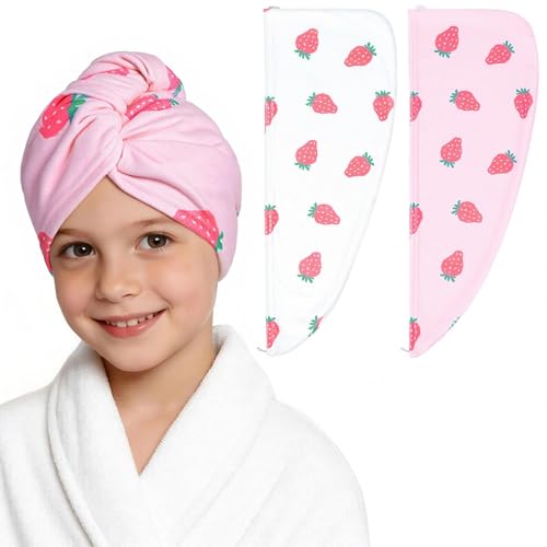 BeBeJoJo 2 Pack Microfiber Hair Towel Wrap for Girls Quick Dry Hair Turban for Kids Absorbent Frizz-Free Hair Drying Towel with Button for Long Thick Curly Hair Pink White Strawberries