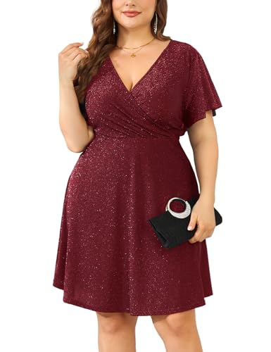 ZOMVA 2025 Plus Size 0X-4X Women's Sparkly Glitter Wrap V Neck A Line Mini Dress Ruffle Sleeve Sparkle Sequin Flowy Sexy Dresses Cocktail Party, Burgundy, 1X