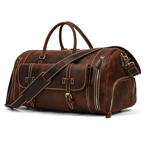 Full-grain Genuine Leather Travel Bag Large Capacity Duffel Luggage Bag with Shoe Compartment, Men Women Shoulder Bag for Weekend Holiday Business Trip, 58cm