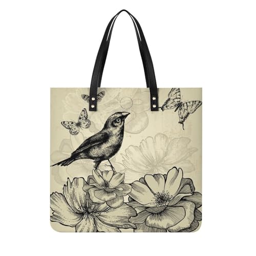 Sac shopping oiseau rétro et papillon pour femmes grand tote bag imprimé de voyage 39x39cm