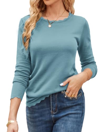 Image of GRACE KARIN Long Sleeve Fall Sweaters for Women Trendy Business Casual Tops | Fashion Clothes,Classic Pullover Shirt,Crew Neck,Scalloped,Lightweight,Soft Comfy,Fitted,Knit,Stretchy,Winter Layer Clothing