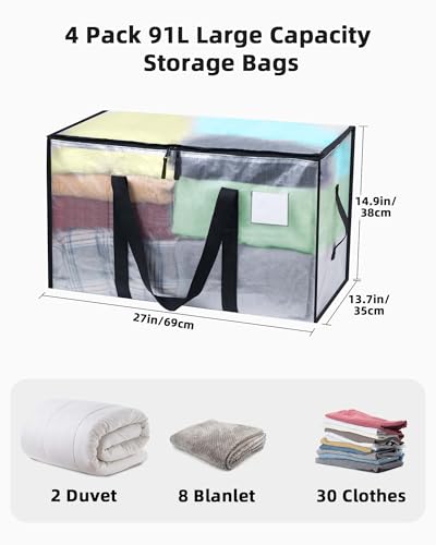 JOJOSEE 4 Stück 90L Aufbewahrungstasche, Große Transparente Umzugstaschen mit Reißverschluss Griff Faltbare Kleideraufbewahrung Umzugskartons für Umzug Camping Bettwäsche Aufbewahrung Wiederverwendbar