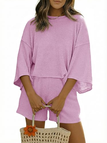 Image of Tankaneo Womens Short Sets 2 Piece Outfits 3 /4 Sleeve Tops and Elastic Waist Shorts Lounge Set Casual Loungewear