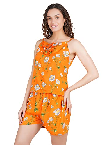 Image of Women's American Crepe Floral Orange Night Suit Set of Top & Shorts