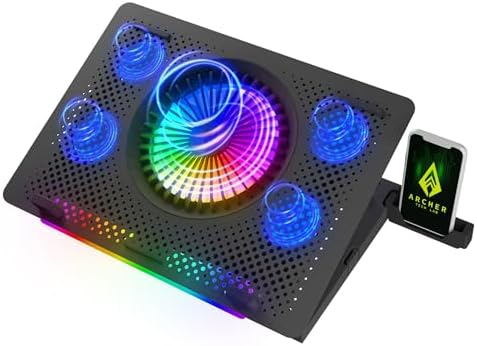 Archer Tech Lab Cooling Pad Stand for Gaming Laptop with RGB Lighting, 5 Turbo Cooler Fans, 5 Adjustable Angles, Aluminum Metal Grid, Phone Holder, Supports upto 17" Laptop for Gaming Work(Squall 200)