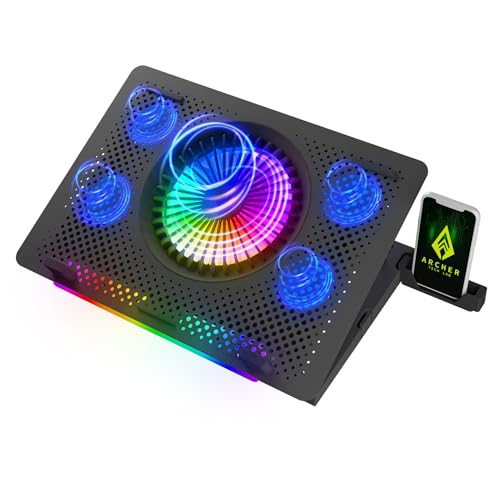 Archer Tech Lab Cooling Pad Stand for Gaming Laptop with RGB Lighting, 5 Turbo Cooler Fans, 5 Adjustable Angles, Aluminum Metal Grid, Phone Holder, Supports upto 17