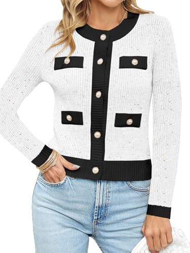 Image of Langwyqu Womens Long Sleeve Button Down Cardigan Sweaters Cropped Open Front Tweed Jacket Fall Elegant Knit Tops