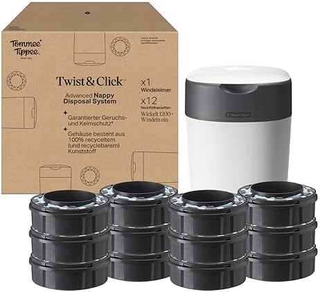 Tommee Tippee Twist & Click Advanced Windeleimer, mit 12-er Pack Nachfüllkassetten mit einer mehrschichtigen, antibakteriellen Folie gefüllt, Weiß (Verpackung kann variieren)