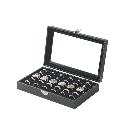 Kanwoder Ring Organizer Box for Jewelry,Rings Cufflinks Storage Case,Small Jewelry Box for Travel, Pretty Gifts for Girls,Black (30 Slots)