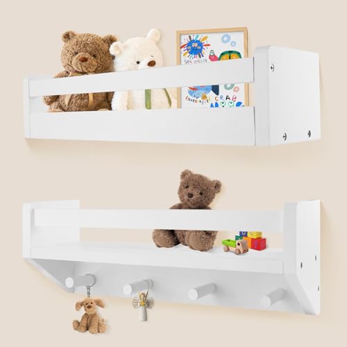 Generic Dual Protection Floating Bookshelves for Wall Décor Set of 2, White Wood Floating Bookcase?in The Bathroom, Living Room, Bedroom with Books, Toys, Plants, Paintings, Picture Frame