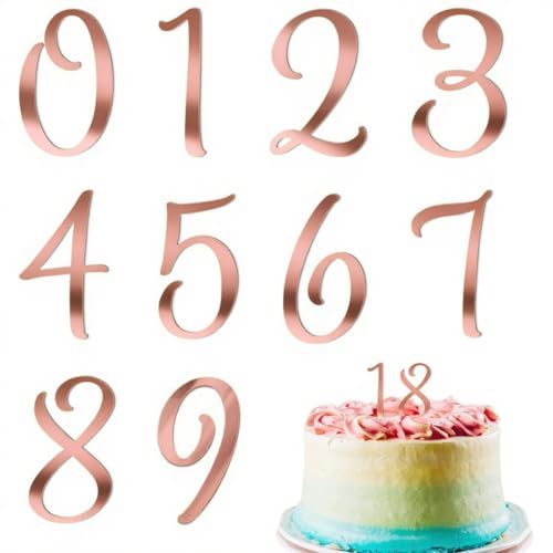 AFCJLTO 10 pcs Decoración de Número para Tarta, Inserciones De Pastel De Acrílico, Pegatinas Acrílicas de Número para Tarta Cumpleaños Fiesta Oro, Topper Cake Cumpleaños en Diseño de 0 a 9, Oro rosa