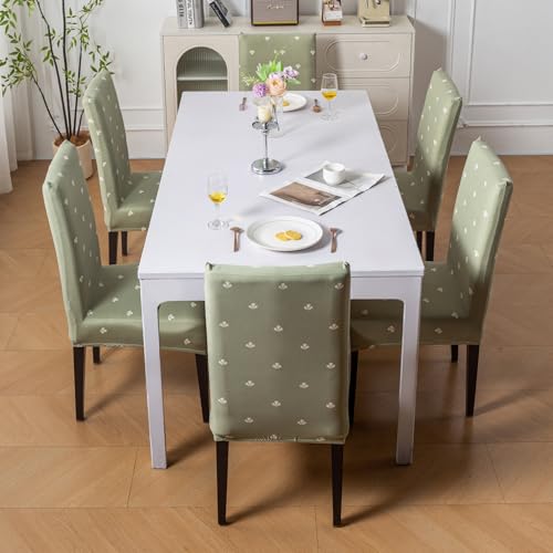 Image of House of Quirk Elastic Chair Cover Stretch Removable Washable Short Dining Chair Cover Protector Seat Slipcover (Pack of 6, Neem Buti)