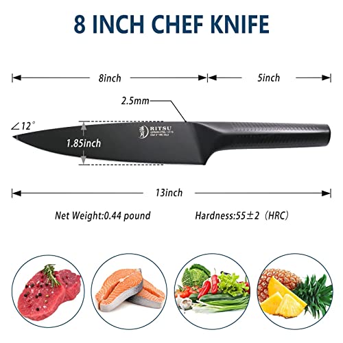 Ritsu Chef Knife - 8" Chef's Knife, Black Titanium Coated Blade Japanese Chef Knife For Home Kitchen Restaurant, Sus430 Stainless Steel Handle, Ultra Sharp Kitchen Knife With Sheath #TOP5