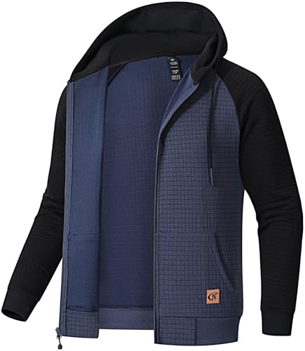 Satankud Men's Jacquard PlaidCloth Raglan Sleeve Zipper Hoodie Sweatshirt GreyBlue/Black 2X-Large