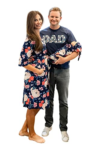 Image of Baby Be Mine Maternity Nursing Delivery Robe & Baby Girl Swaddle Blanket Set with Daddy T-Shirt (Large/X-Large Robe -2X Large Tshirt, Annabelle)