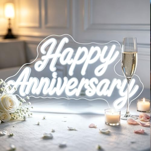 Image of Happy Anniversary Neon Sign - 15.75 inch Dimmable LED Wall Decor Light, USB Romantic Gift for Couples,Business Celebrate Banner,Party Wedding Anniversary Decorations White