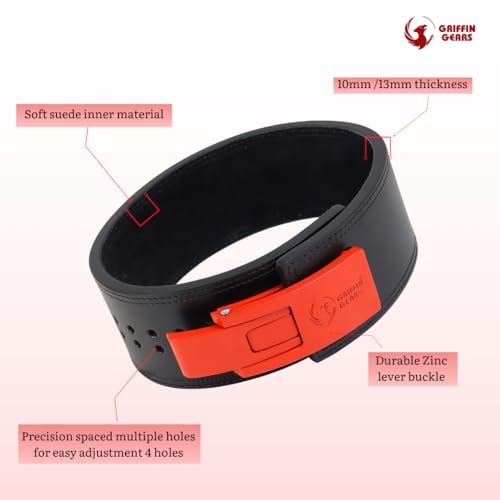 Image of 10mm Lever Belt - Black Leather Weightlifting Belt with Red Buckle - Powerlifting Gym Belt for Men & Women - Heavy-Duty - Men & Women (Black Belt Red Buckle, M)