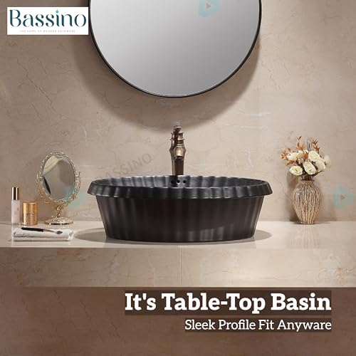 Image of BASSINO 24x17x7 Inches Ceramic Counter Top Wash Basin /Matt Black Basin for Bathroom /Modern Design /Oval Shape Tabletop Washbasin for Restaurant /Dining Hall /Living Room /Home(Matt)