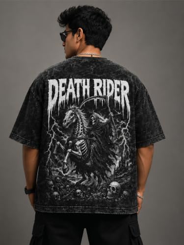 Image of Oversized Acid Wash Graphic T-Shirt for Men | Death Rider Gothic Print | Premium Cotton | Streetwear