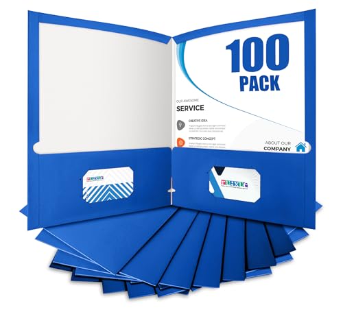 BIBRADAA® 100 Packs Blue Paper Folders with Pockets,2 Pocket Folders Bulk Surface Waterproofing,Letter Size,Holds 100 Plus Sheets,for School,Office,Business. (100, Dark Blue)