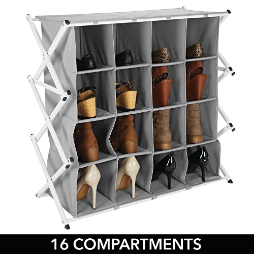 Image of mDesign Soft Fabric Shoe Rack Holder & Organizer - 16 Cube Storage Shelf for Closet, Entryway, Mudroom, Garage, Kids Playroom - Accordion Metal Frame, Collapsible - Closet Organization - Gray /White