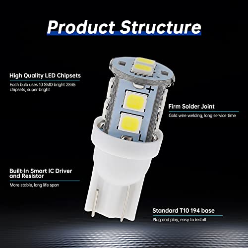 IFOKA 194 168 LED Light Bulb, T10 6500K White Led Replacement Bulb 2825 10-SMD, Adapt for Dome Light & Map Light & Door Light & Courtesy Light & License Plate Lights & & Trunk Light (Pack of 20)…