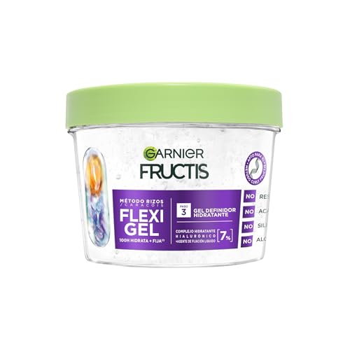 Garnier Fructis Curls Method Flexi Hold Gel Paso 3 Gel de peinado hidratante para todo tipo de rizos. 100H de hidratación + Fijación flexible. Con complejo de ácido hialurónico hidratante. Sin alcohol