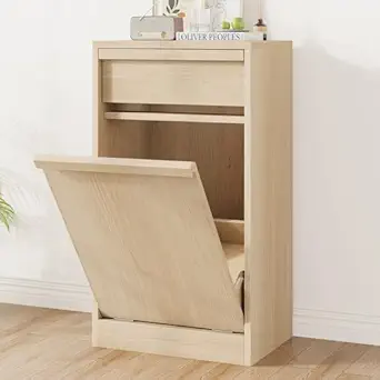 GarveeHome Tilt Out Trash Cabinet, Modern Trash Cabinet with 10 Gallon Storage, Hidden Freestanding Garbage Can Cabinet Laundry Hamper for Kitchen Dining Living Room