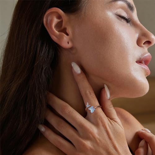 Opal Butterfly Adjustable Open Wrap Ring 925 Sterling Silver White Gold Plated Stacking Statement Blue Wedding Finger Rings for Women Fashion Layered Comfort Fit Christmas Valentine Jewelry Gift for Wife3