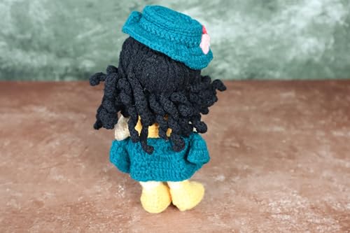 Image of Sutra Handmade Crochet Doll in Yellow & Teal Dress with Cap | Wool Amigurumi Plush Toy | Soft Handmade Gift for Kids, Nursery & Home Decor