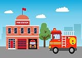 Loccor 5x4ft Fabric Cartoon City Fire Station Backdrop Fire Department Building Firetruck Theme Party Photography Background for Kids Firefighter Theme Birthday Party Decorations Photo Studio Props
