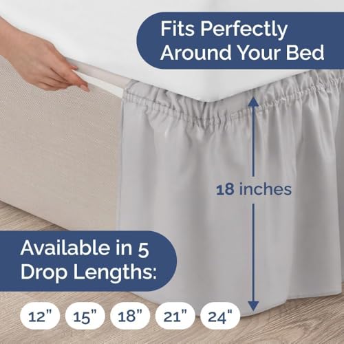 Image of Bed Skirt - Wrap Around Dust Ruffle Bed Frame Cover with Easy Fit Elastic Strap, King Size 18 Inch Drop, Microfiber Pleated, Machine Washable | Light Grey